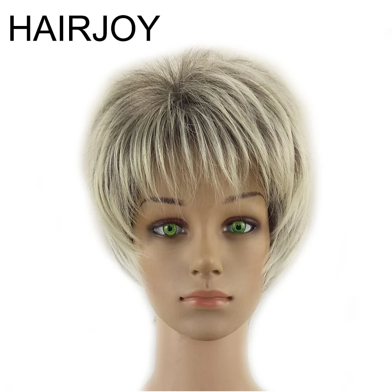 HAIRJOY Женские синтетические волосы парики Короткие вьющиеся слоистая стрижка серый выделенный балаяж серый парик