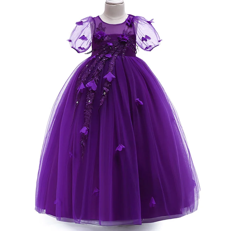Dark purple Длинное платье, платье с цветочным узором для девочек на свадьбу, платье для девочек, платье принцессы для первого причастия, детский костюм-пачка, детская одежда LP-217 - Цвет: Dark purple