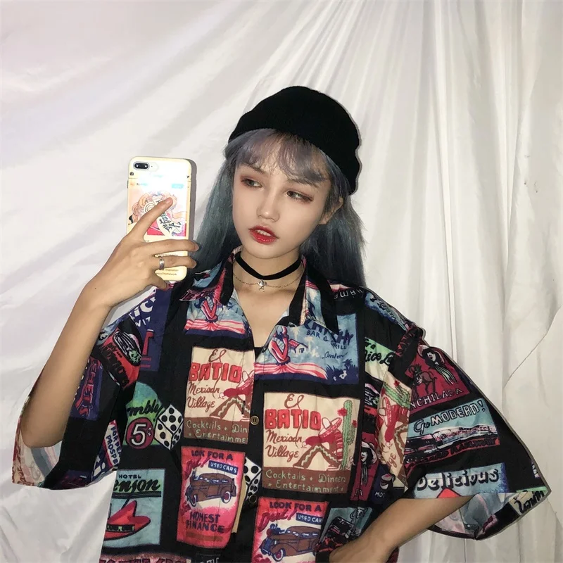 Женские рубашки, простые, подходят ко всему, хип-хоп, Harajuku, трендовые, корейский стиль, свободные, с принтом, женские, для отдыха, однобортные, женские блузки