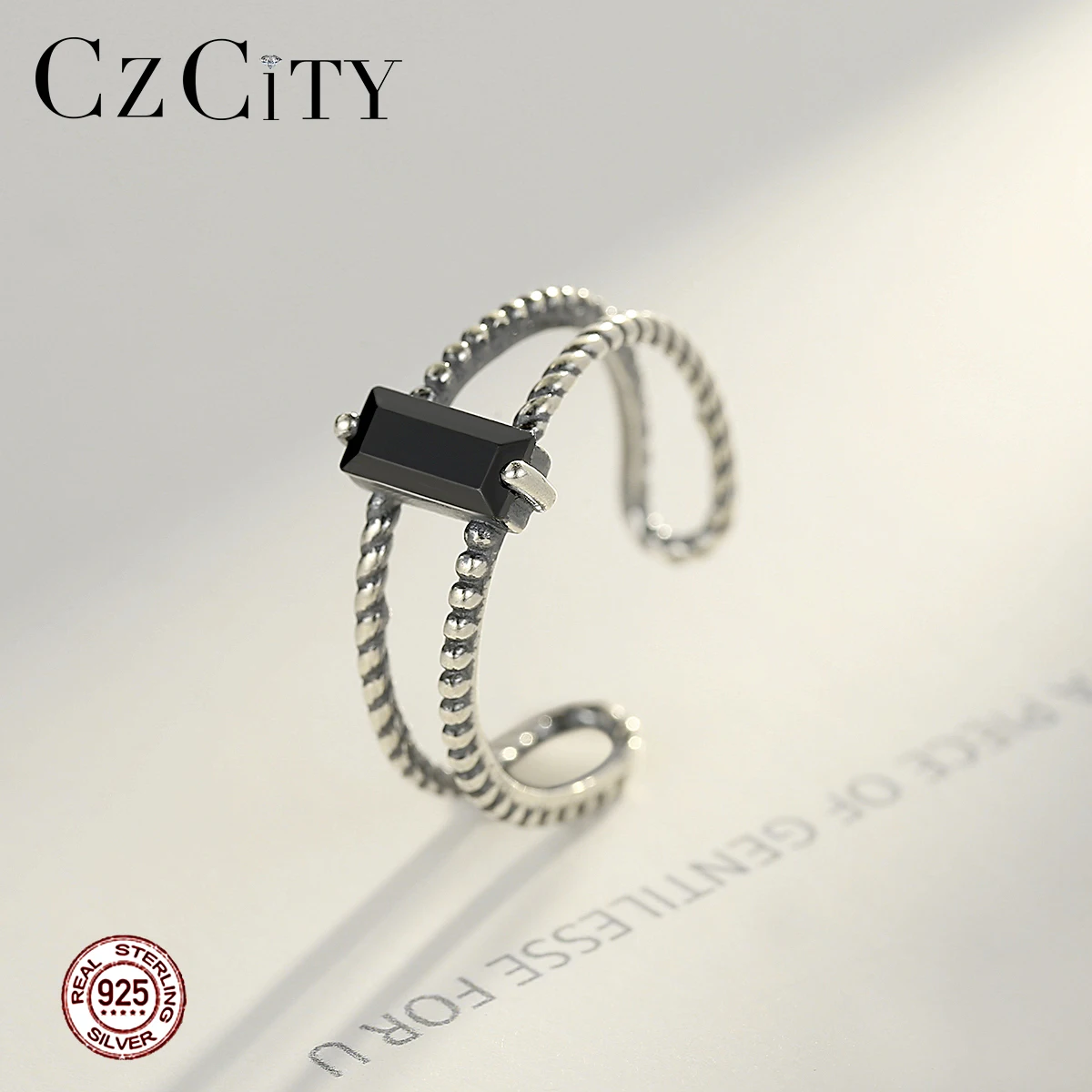 CZCITY, Ретро стиль, твердые, тайские, 925 пробы, серебряные, открытые кольца для женщин, хорошее ювелирное изделие, вечерние, черные, CZ Bague Joyas De Plata GiftSR0233