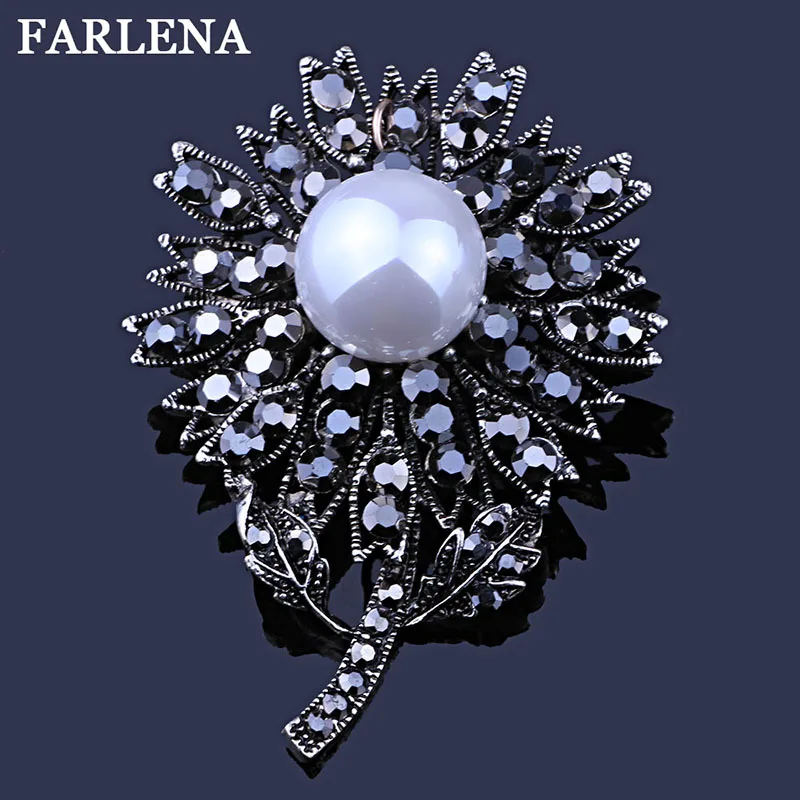 FARLENA, ювелирные изделия, Черный Кристалл, стразы, цветок, броши для женщин, Винтажная брошь из искусственного жемчуга, булавки - Окраска металла: white
