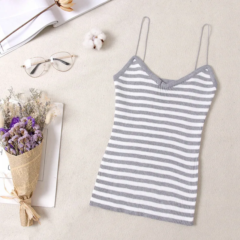 Gray white stripes Кроп-топы Tamls Camis Camisole tank Moda Mujer вязаная футболка топы без рукавов Повседневная футболка - Цвет: Gray white stripes
