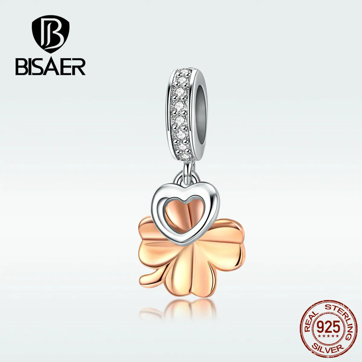 BISAER 925 пробы Серебряный цветок клевера бусины розовое золото цвет клевер подвеска в виде сердца подходят браслеты серебряные ювелирные изделия ECC1238