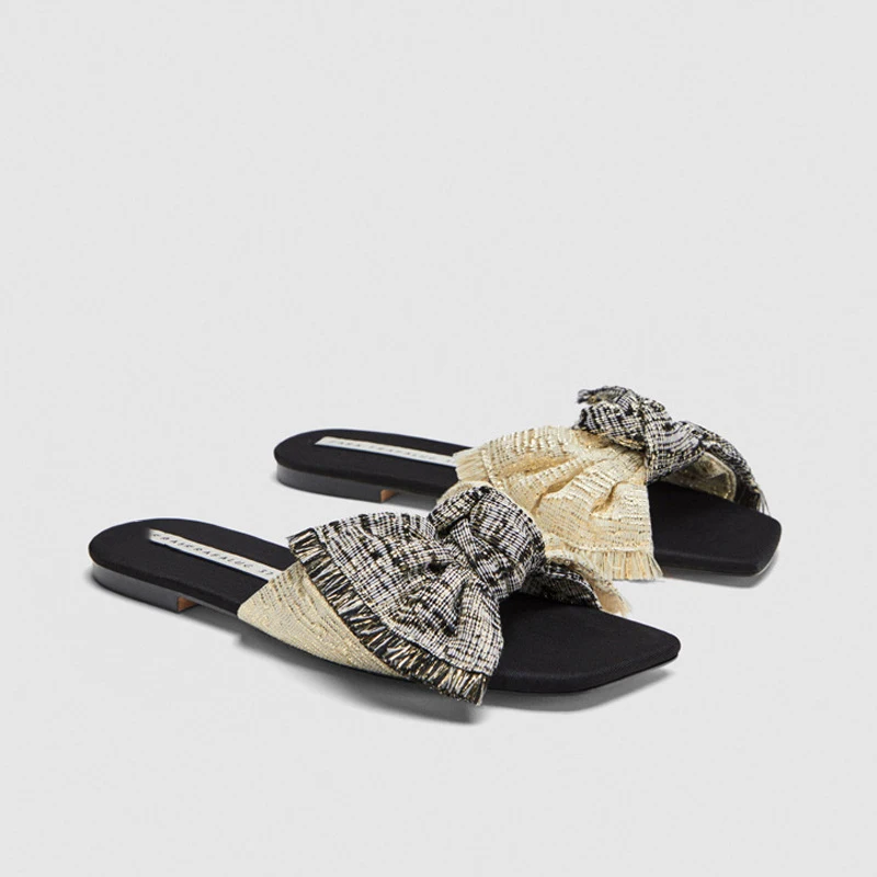 Женские богемные сандалии с бантом пляжные на плоской подошве лето 2019|Тапочки| |