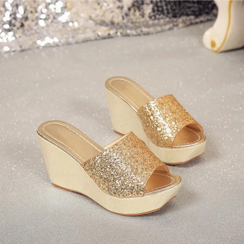 HEVXM Sandals Plataform 2018 Glitter Bling Gold Metallic High Heels Women Slippers Wedge Peep Toe Shoes Summer | Обувь
