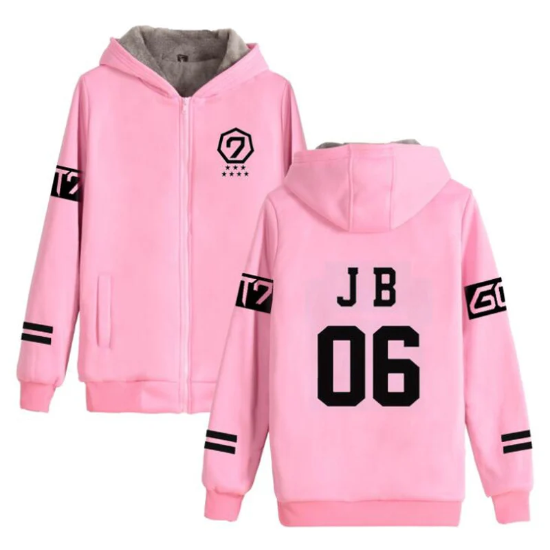 

Korean KPOP GOT7 Pink Hoodie Women Men Harajuku Sweatshirts Winter Thick Warm Fleece Zipper Hooded Jacket Coat Female Tracksuit