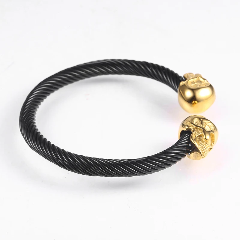 KLDY браслет из нержавеющей стали мужской с черепом золотой черный витой кабель