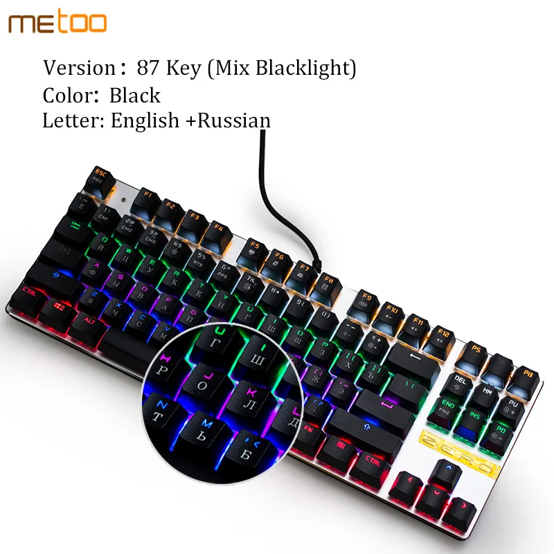Russian 87 key Metoo игровая механическая клавиатура с 87/104 клавишами, с защитой от привидения, светящаяся, синяя, красная, черная, с подсветкой, светодиодный, Проводная клавиатура для геймеров - Цвет: Russian 87 key