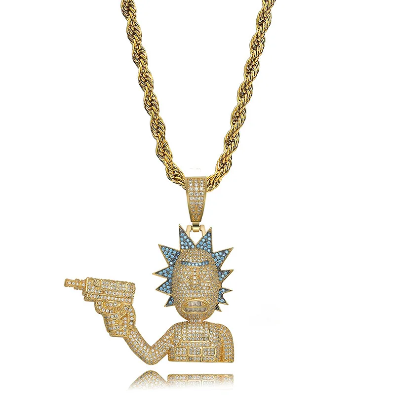 Хип хоп микро проложили AAA кубического циркония Bling Iced Out мультфильм характер кулоны с оружием ожерелье для мужчин рэппер ювелирные изделия золото серебро - Окраска металла: GOLD