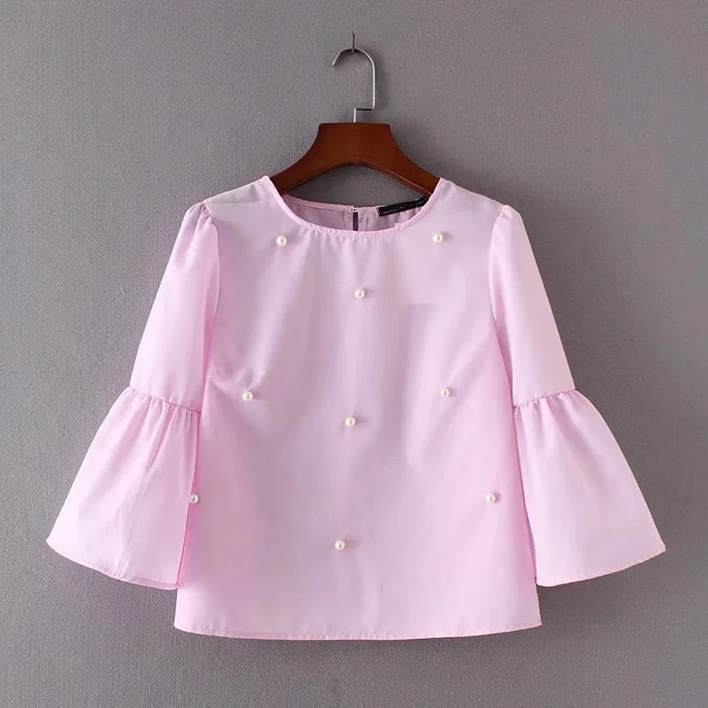 Новые летние 2018 модные женские туфли жемчуг бисер рубашка Blusas с О образным