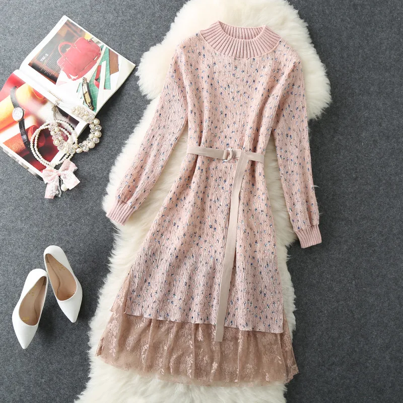 Женское трикотажное платье свитер AYUNSUE повседневное облегающее с поясом и