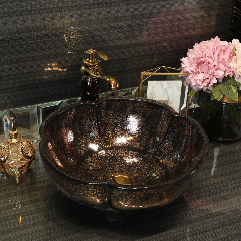 

Black Europe Style Handmade Countertop Basin Bathroom Sink Ceramic wash basin porcelain bathroom sink porcelain flower shape