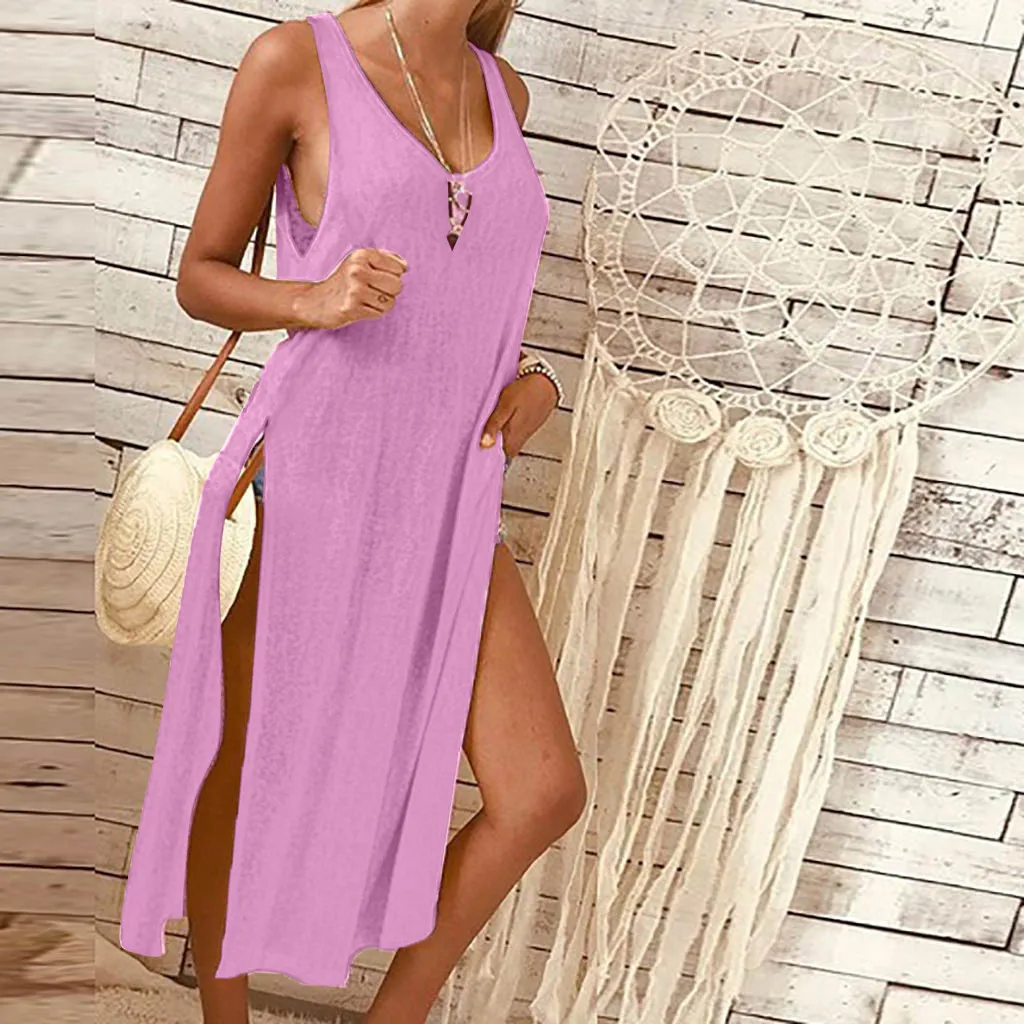 Hot Pink Модное летнее богемное длинное платье с разрезом, сексуальное платье на бретелях без рукавов, свободное повседневное пляжное платье, женские вечерние платья для пляжа, Vestido de festa - Цвет: Hot Pink