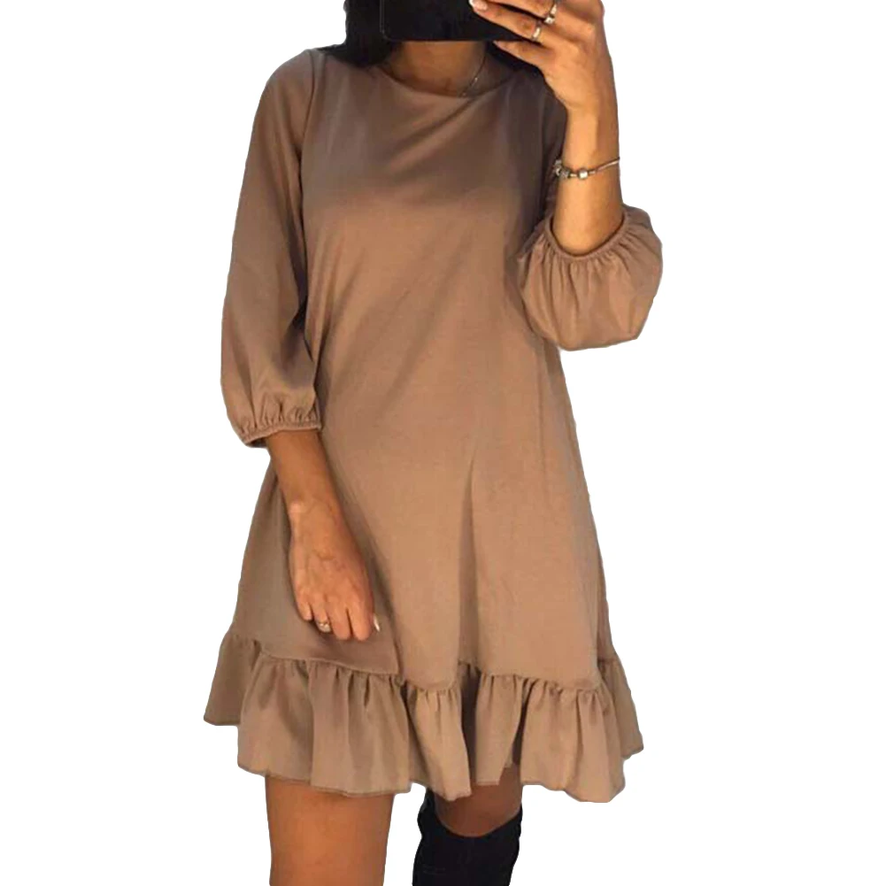 Женское осеннее модное однотонное Свободное платье с рукавами-фонариками и