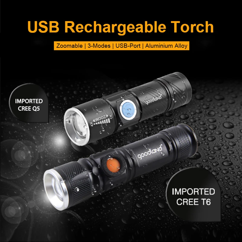Goodland USB СВЕТОДИОДНЫЙ светильник-вспышка перезаряжаемый светодиодный фонарь светильник фонарь a T6 мощный аккумулятор тактический фонарик для велосипеда