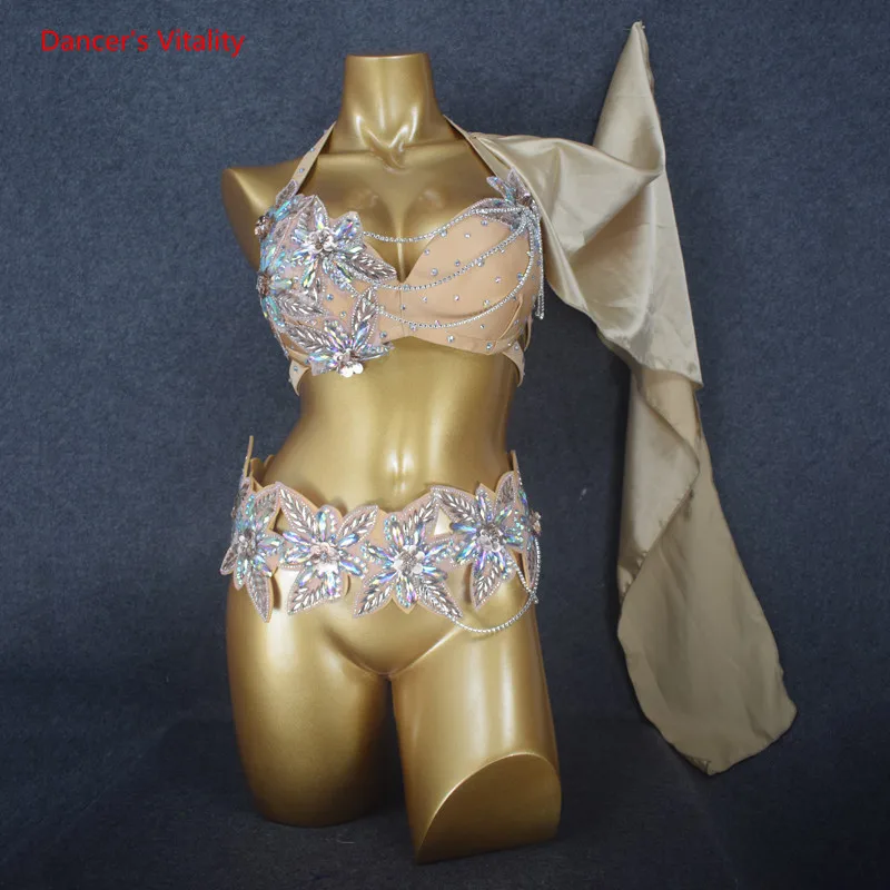 Bra belt Производительность танец живота бюстгальтер и пояс 2 шт. Девушки танцуют одежда костюм ручной работы стразы камни набор M,L - Цвет: Bra belt