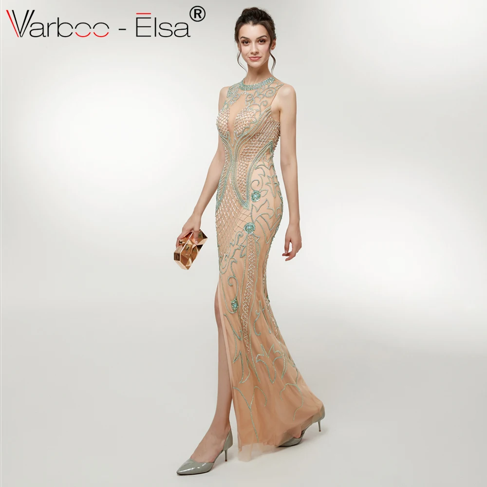 VARBOO_ELSA 2018 Роскошные вечерние платья цвета шампанского с круглым вырезом без