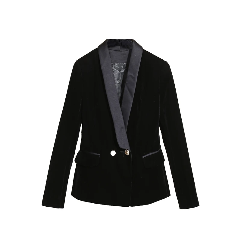 Женский бархатный блейзер KoHuiJoo черный облегающий Блейзер на золотистой кнопке с
