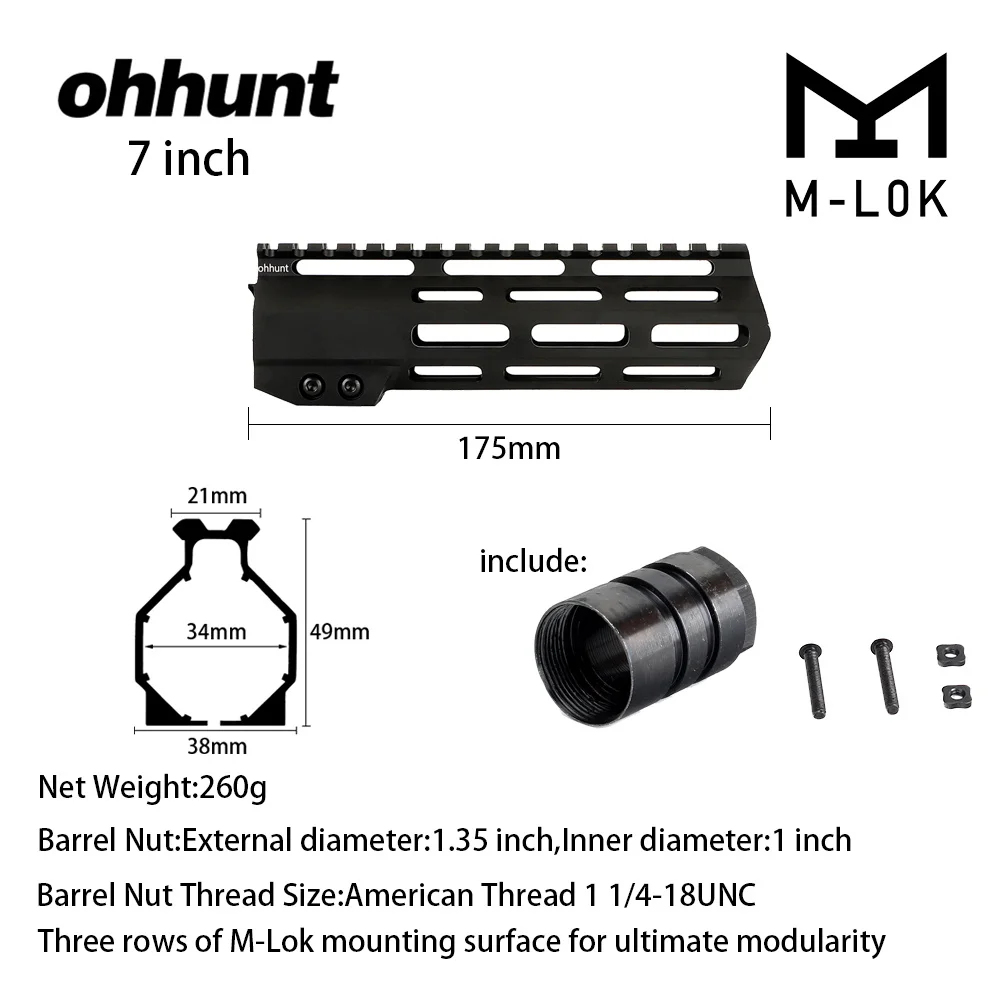 7 inch Black Ohhunt " 9" 1" 12" 13," 15" 1" AR15 поплавок M-LOK Handguard Пикатинни тонкий стиль стальной баррель гайка для прицела - Цвет: 7 inch Black