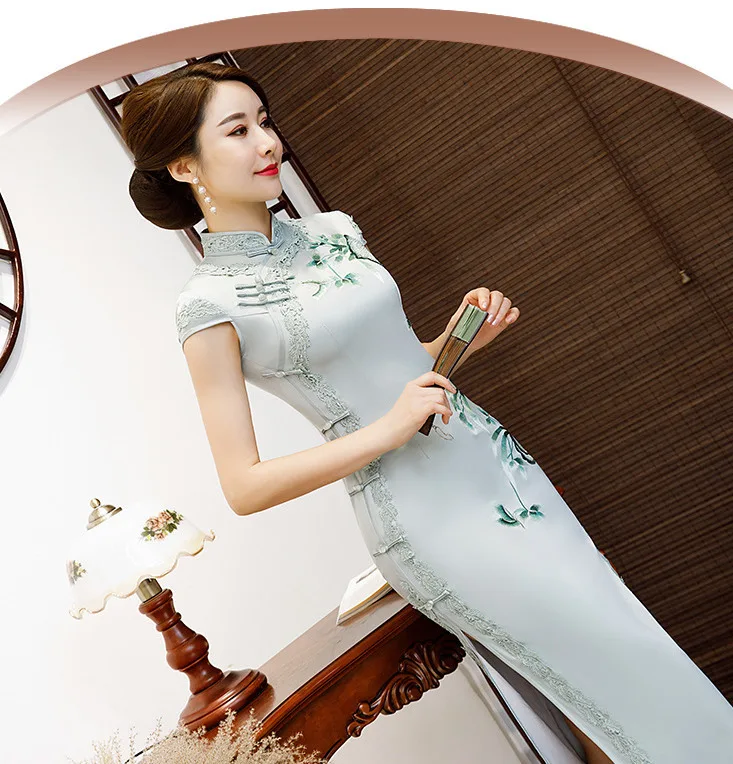 Sheng Coco размера плюс Королевский синий китайский шелк Qipao атлас Cheongsam платья Длинные Кружева Окаймленный воротник Qipao 4XL вышитые цветы