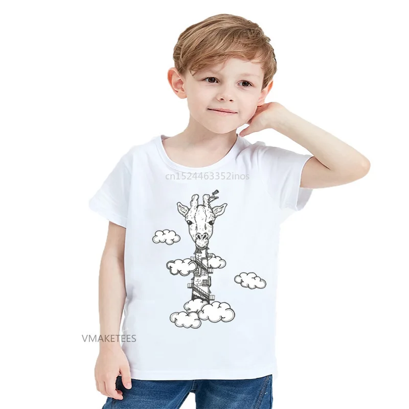 

2018 Summer Girls & Boys Short Sleeve T shirt Giraffe In The Sky Print T-shirt Baby Kids Funny Casual Clothing,ooo5679