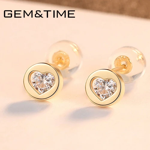 Gem& Time, круглое сердце, твердые, 14 к, золотые серьги-гвоздики для женщин, для свадьбы, помолвки, хорошее ювелирное изделие, желтое золото, Pendientes AU585 E14118 - Цвет камня: 14k Gold