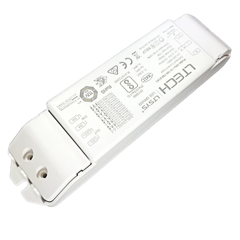 DALI-15-100-700-E1A1 DALI Диммируемый драйвер, AC220-240V вход; 100mA-700mA 15 Вт выход; DALI/Push CE Dali Диммируемый драйвер питания