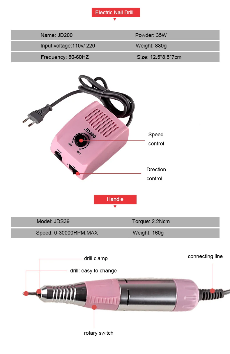 30000 об/мин JD200 Pro электрическая дрель для ногтей оборудование дизайна пилки
