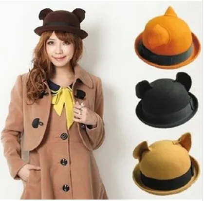 Europe and America autumn winter bowknot baby puss ear Wool felt small bowler hat|hat felt|felt mens hatsfelt toy |