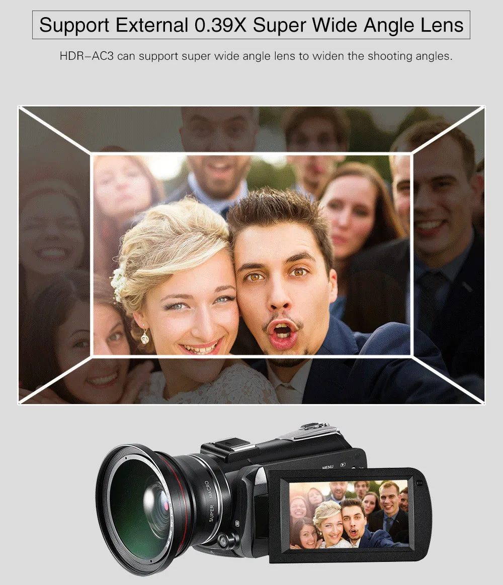 

ORDRO AC3 4K Ultra HD 60FPS Video Camera with Wifi External Microphone Wide Angle Lens and Lens Hood 3.0 LCD touch TFT Z627