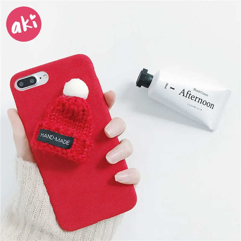 AKI Wool Hat Phone Case for iPhone 7 8 Plus 3D Cute Fur Cover 6 6s X Christmas Warm Winter |