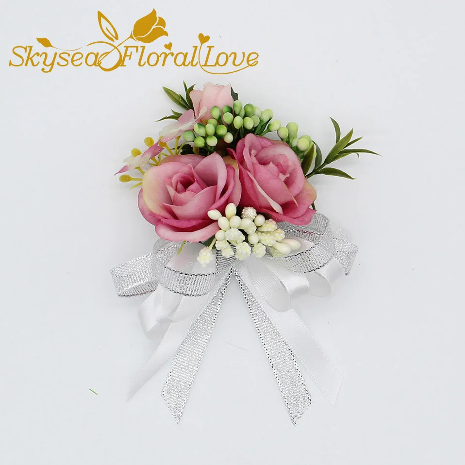 Pink 3 Wrist Новые Вечерние бутоньерки на выпускной жениха невесты с бантом дизайнерские Элегантные Свадебные цветы наручные корсаж-бутоньерка - Цвет: Pink 3 Wrist