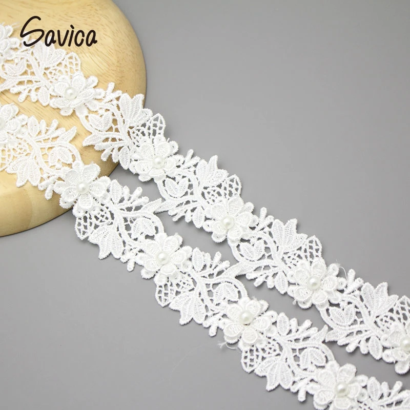 Savica 2y/lot 2cm Pearls Embroidery 3D Flowers Lace Dolls Dress Decor Applique Fabric White Trim Sewing DIY Materials LX191 | Дом и сад