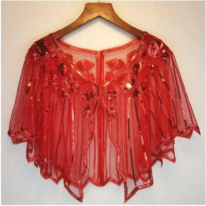 Pure Red Женские шарфы 1920s Хлопушка вышивка Шаль с бахромой накидка Гэтсби Вечерние бисером накидка с пайетками винтажная Сетка шарф Обертывания для платья - Цвет: Pure Red