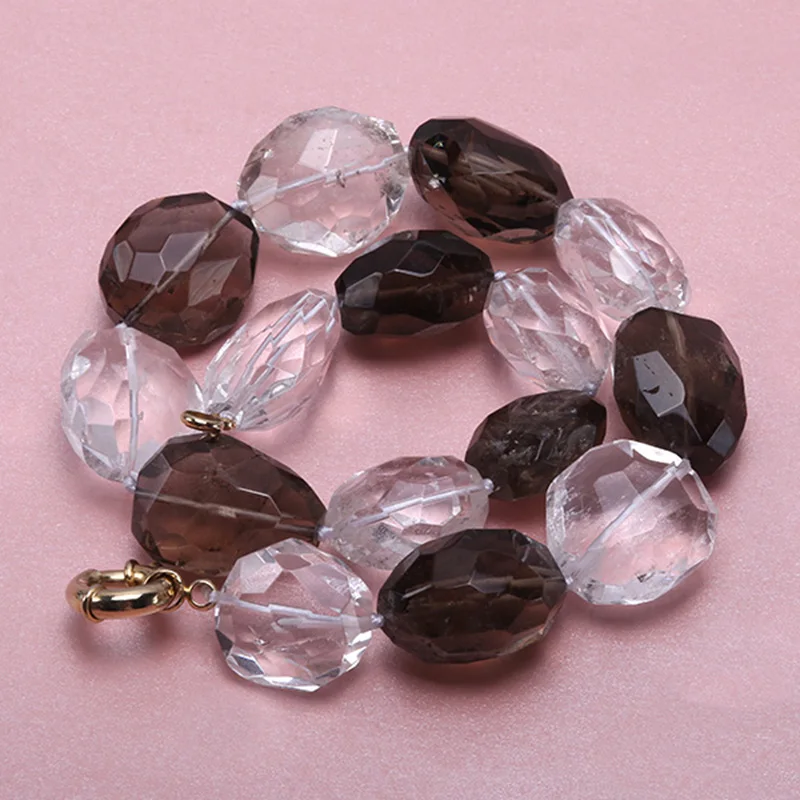 

JYX fashion crystal necklace Faceted 20x30mm irregular Smoky Quartz and white Rock Crystal Necklace Handmade Jewelry 17.5"