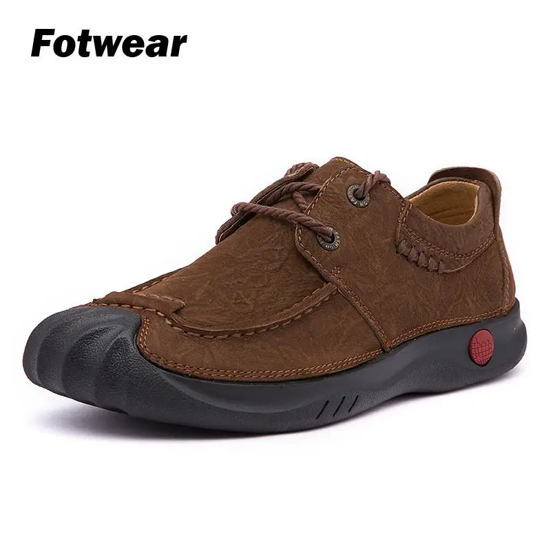 Fotwear Men's Brown Leather shoes Slip on Full-grain Lace-up fastening casual Round toe Office style Outdoor hike | Обувь