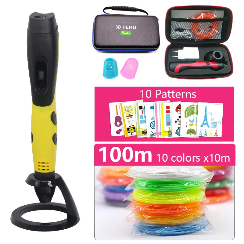 yellow pen and 100m 3D ручка с 200 нити Дети diy Рисунок пером 3D, литье, 5V 2A usb адаптер переменного тока, oled дисплей креативные образования, можете использовать paower банка - Цвет: yellow pen and 100m