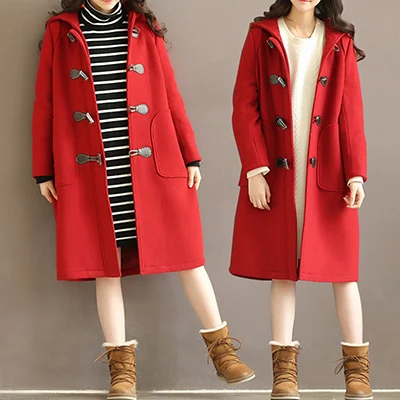 red w99 Зимнее womenxl-3xl, утолщенное, Ретро стиль, с роговой пряжкой, свободное шерстяное пальто, для девушек, свободное, большой размер, с капюшоном, утолщенное, модное, новое, шерстяное пальто - Цвет: red w99