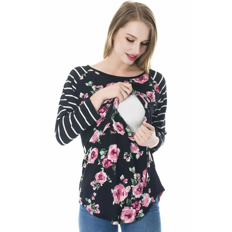

Cotton Long Sleeve Women Maternity Nursing Summer Stripe splicing T-Shirt Women Breastfeeding Clothes Can Be Worn Outside X014