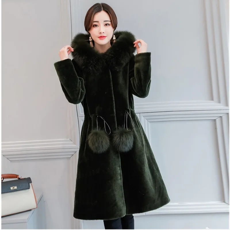 

UHYTGF Fashion fox fur collar winter fur coat ladies Slim long Windproof Warm outerwear Sheep shearing Hooded coats Female 1114