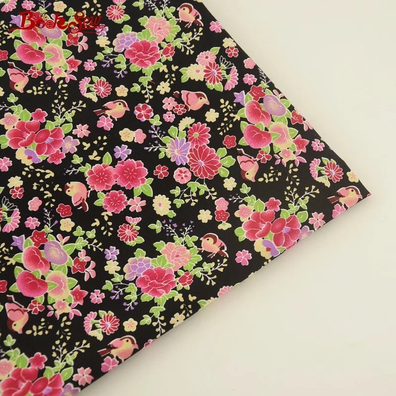 Booksew 100% хлопок поплин Ткань мягкие Вышивание черный Жир Квартал цветок и птица