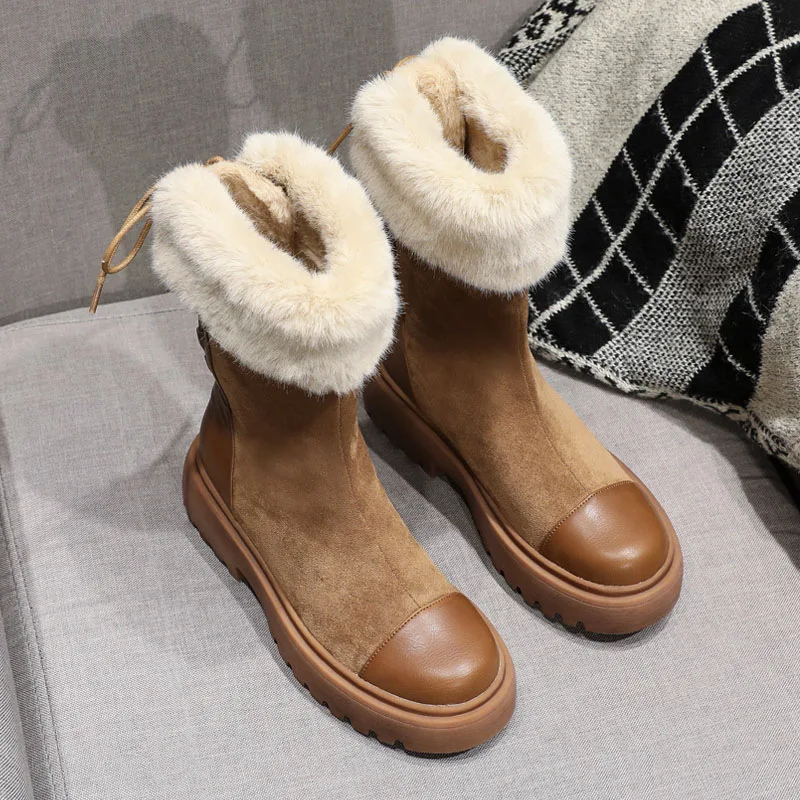 

Shoes Women Winter Warm Platform Snow Boots Mid Calf botas mujer Fur zapatos de mujer Cross-tied Matrin Boots Ladies footware