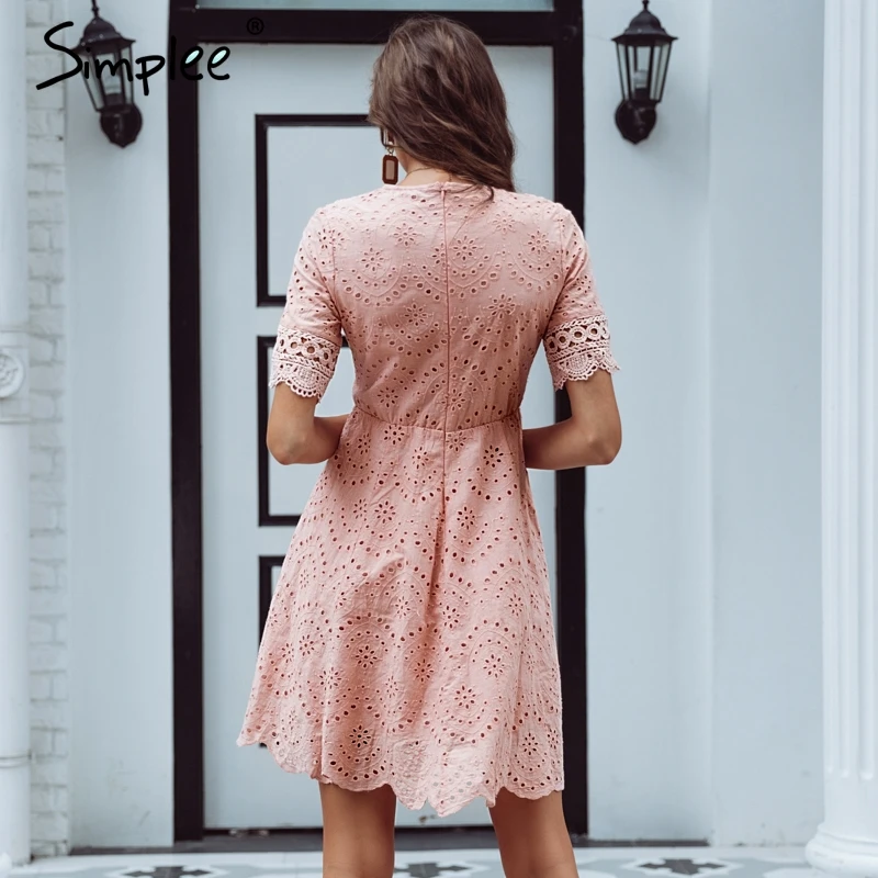 Simplee вышивка с v образным вырезом Хлопковое платье миди элегантный выдалбливают