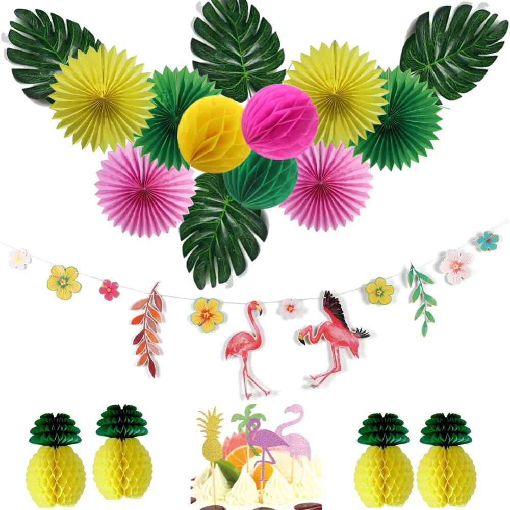 

Hawaiian Party Decorations Flamingo Banner Paper Fans Pineapple Honeycomb Balls Decoration Tropical Summer Birthday Party Favors