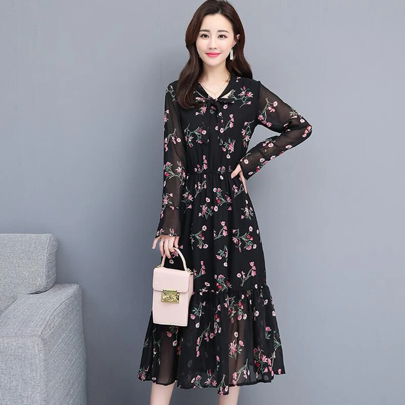 Женское винтажное длинное шифоновое платье Элегантное Черное вечернее с длинным