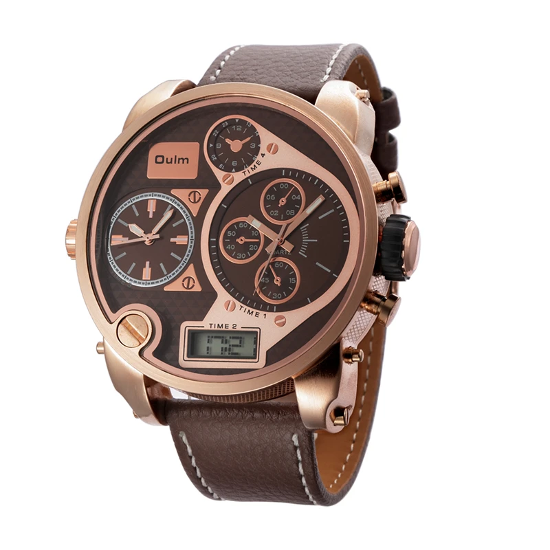 Oulm кожа большие часы для мужчин большой циферблат двойной дисплей военные