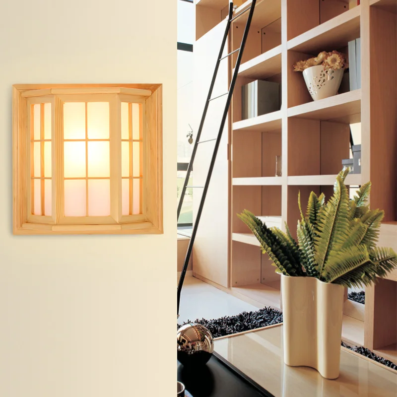 Japanese Style Pine Camphor Wood PVC Crafts Wooden Window Frame LED AC 110/220V Aisle Wall Light Fixture luminarias para | Лампы и