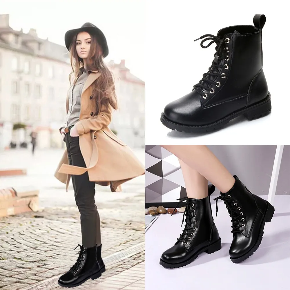 Женские ботинки из искусственной кожи на шнуровке с закругленным носком|Женские