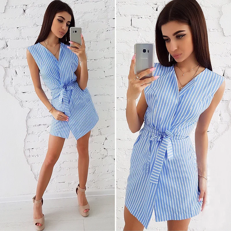 Women 2019 summer New Fashion Elegant Blue Black Striped Dresses Casual V-neck Sleeveless Sashes Loose Mini dress | Женская одежда