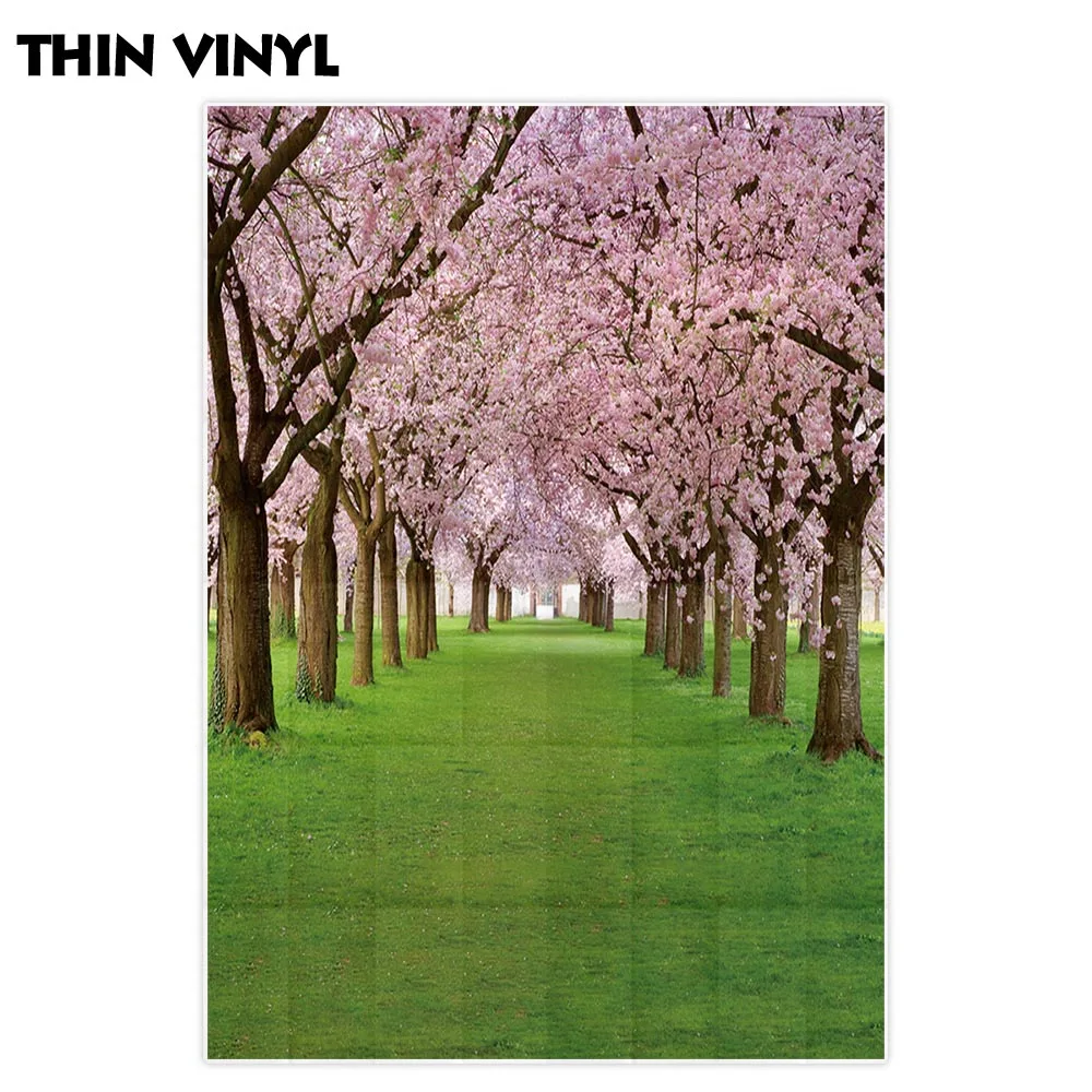Фон для фотосъемки Allenjoy весенний розовый цветок вишни лес зеленый лужайка фон